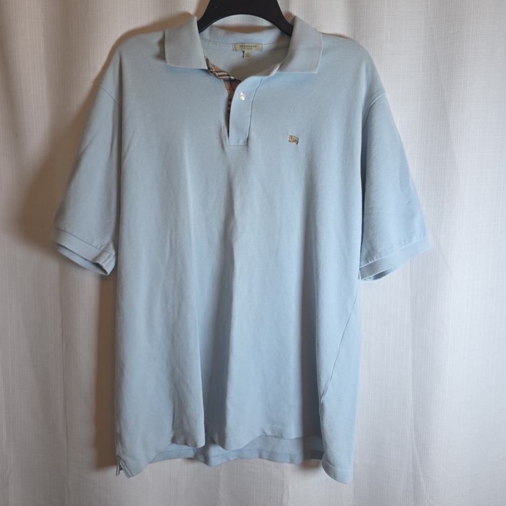 Burberry Men's Nova Check Polo Large Light  Blue 100% Cotton